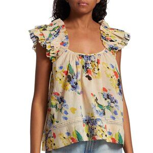 THE GREAT. Dove Flutter-Sleeve Top Back Ruffle Bright Grove Floral 0 XS